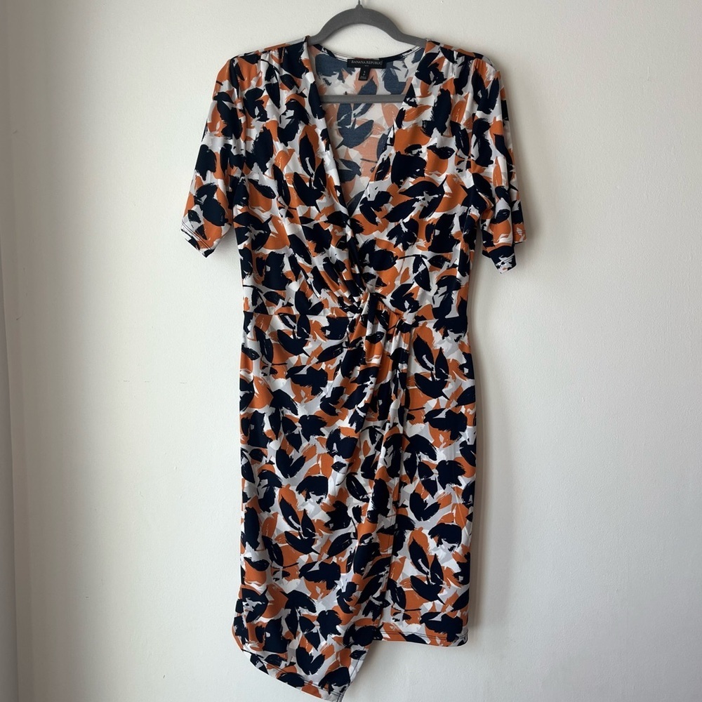 Banana Republic Wrap Front Dress Size Small, Navy Orange Abstract Print Stretch - Picture 12 of 12